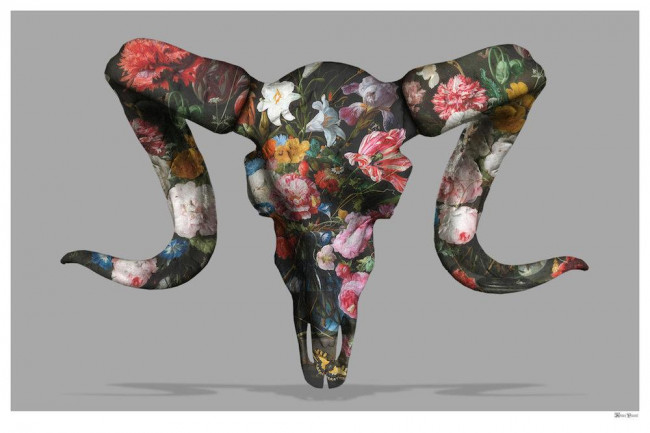 Floral Ram Skull (Grey Background) - Small 