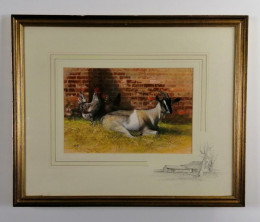 Goat And Rooster - Original - Brown Framed