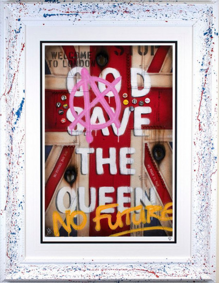 God Save The Queen - Flag - White & Splattered Framed