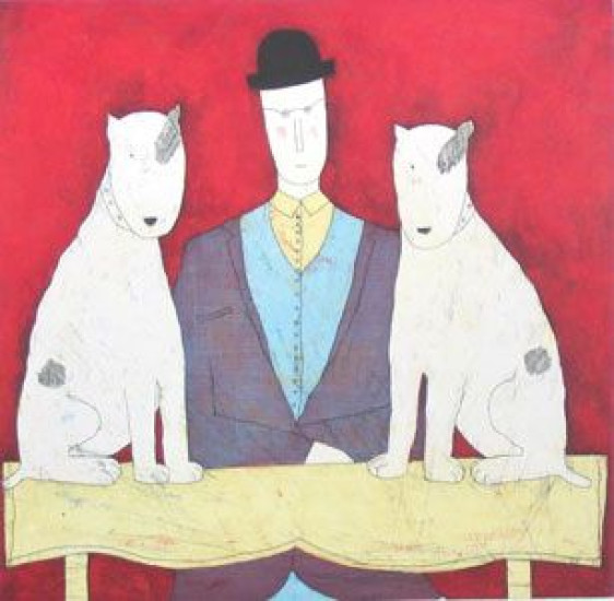 Lady & Two Dogs - Red