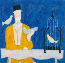 Man With Bird Cage - Blue - Print only