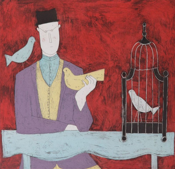 Man With Bird Cage - Red