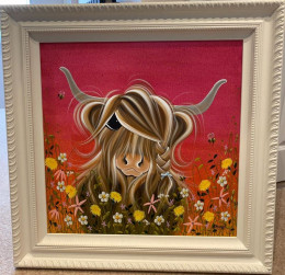 Moo In The Sunset Meadow - Original - White Framed