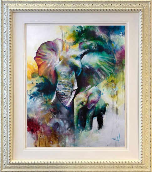 Mother And Baby Elephant 2019 - Original - White Framed