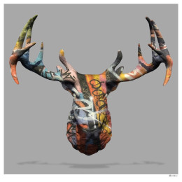 My Deer Graffiti Stag Head (Grey Background) - Large - Black Framed