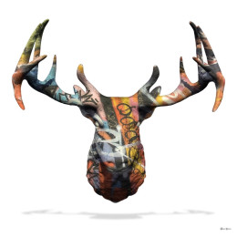 My Deer Graffiti Stag Head (White Background) - Large - Black Framed