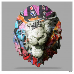 Street Safari - Graffiti Lion Head (Grey Background) - Large - Black Framed