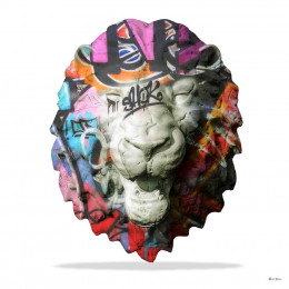 Street Safari - Graffiti Lion Head (White Background) - Large - Black Framed