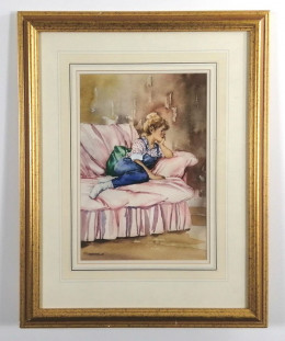 Girl On A Pink Sofa - Original Watercolour - Framed