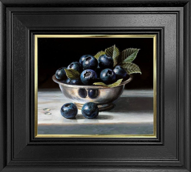 Blueberries And Silver Bowl - Original - Framed Blueberries And Silver Bowl - Original - Framed
