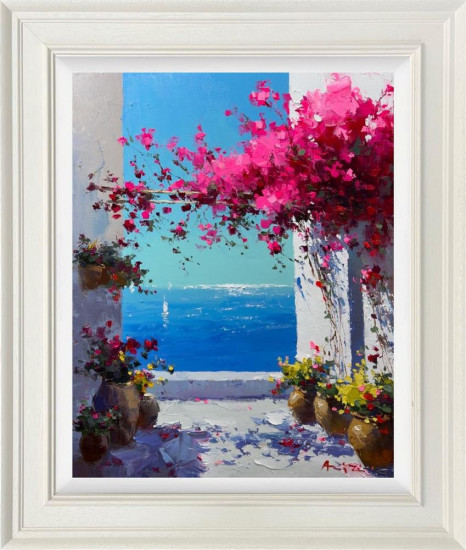 Pink Cascades Over Blue - Original - Framed Pink Cascades Over Blue - Original - Framed