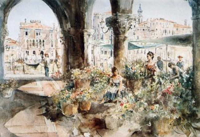 A Flower Market In Venice - Mounted