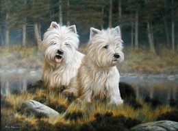 Westies In The Undergrowth - Original - Dark Wood Framed