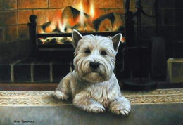 Westie Infront Of Fireplace - Original - Dark Wood Framed