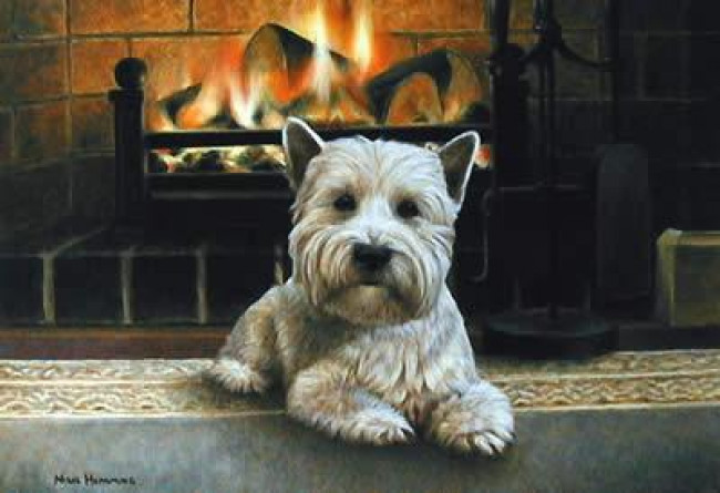 Westie Infront Of Fireplace - Original - Dark Wood Framed